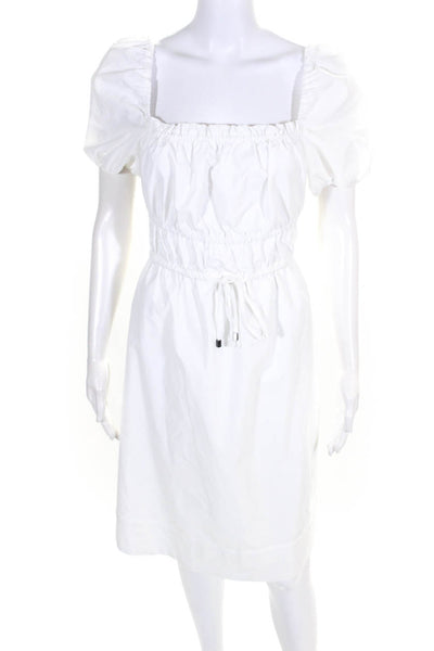 LDT Womens Puff-Sleeve Square-Neck Drawstring A-Line Dress White Size 2