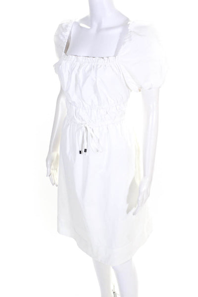 LDT Womens Puff-Sleeve Square-Neck Drawstring A-Line Dress White Size 2
