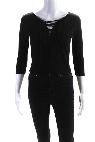 John Galt Womens Black Ribbed Knit Lace Up Long Sleeve Top Size OS