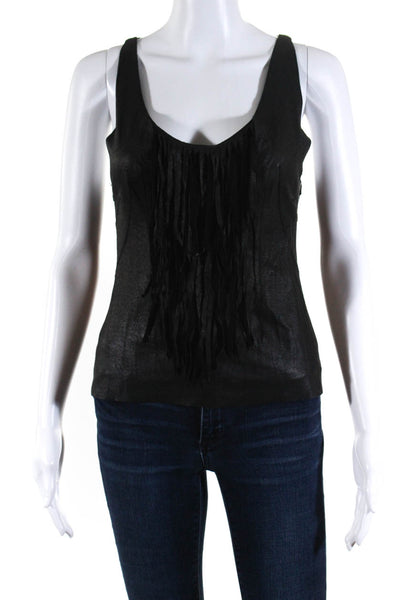 Illia Womens Faux Leather Fringe Accent Scoop Neck Tank Top Shirt Black Size XS