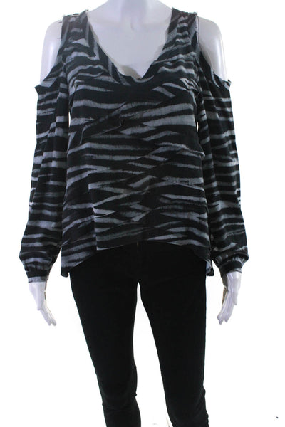 Artelier Nicole Miller Womens Black Silk Printed Cold Shoulder Blouse Top Size S
