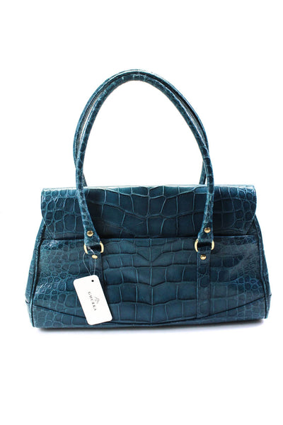 Ghurka Womens Rolled Handle Push Lock Crocodile Tote Handbag Blue