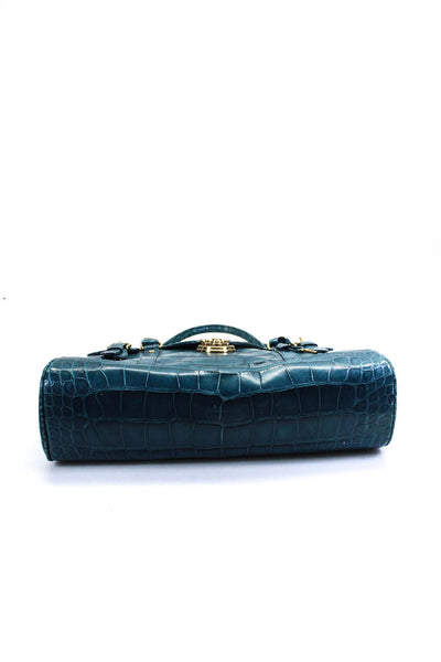 Ghurka Womens Rolled Handle Push Lock Crocodile Tote Handbag Blue