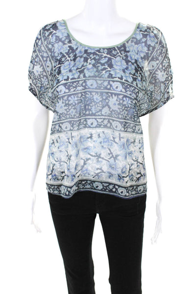Clover Canyon Womens Blue Silk Floral Scoop Neck Blouse Top Size XS