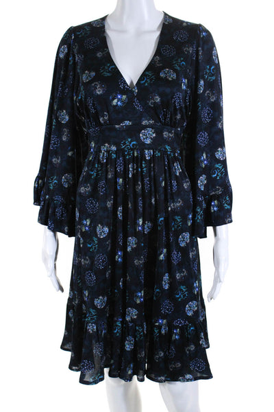 Catherine Prevost Womens 3/4 Sleeve V Neck Abstract Silk Knit Dress Navy Blue XS