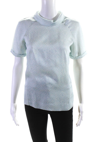 Reiss Womens Short Sleeve Collared Abstract Silk Shirt Blue White Size 2