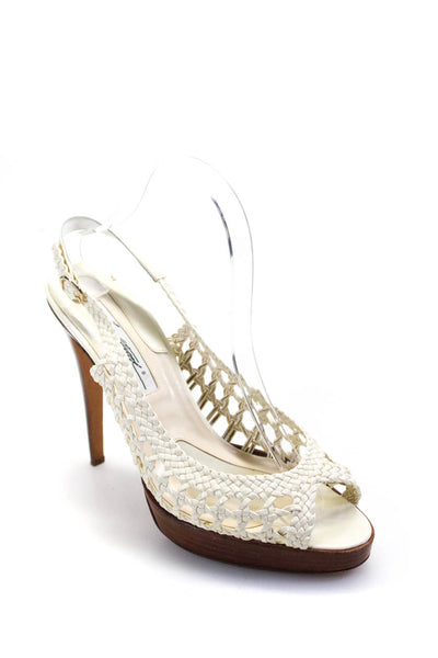 Brian Atwood Womens Woven Patent Leather Slingback Sandals White Size 40 10