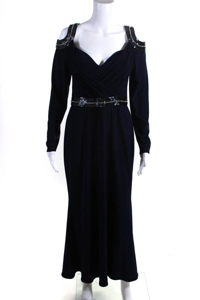 Mignon Women's Long Sleeve Beaded Cold Shoulder Evening Gown Navy Blue Size 8
