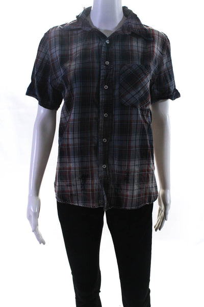 NSF Womens Short Sleeve Button Front Plaid Shirt Blue Gray Cotton Size Small