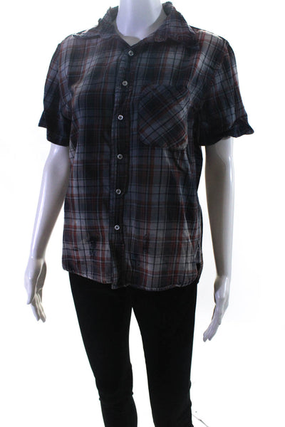 NSF Womens Short Sleeve Button Front Plaid Shirt Blue Gray Cotton Size Small