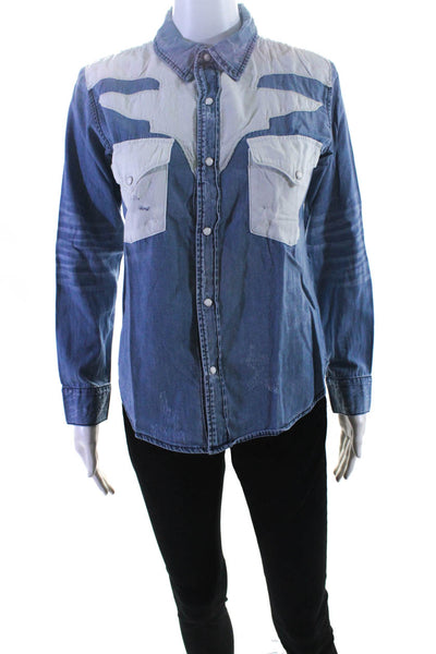 NSF Womens Button Front Long Sleeve Collared Denim Shirt Blue White Size Small
