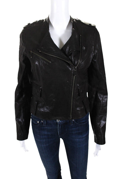 Vince Womens Leather Biker Jacket Hickory Brown Size Small