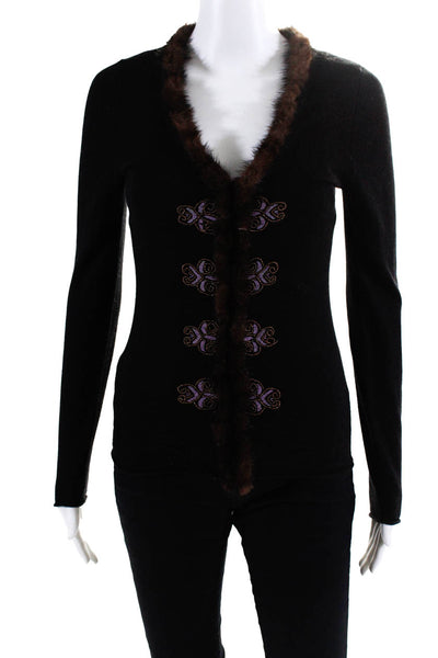 Nicole Miller Collection Women's Beaver Trim Embellished Cardigan Black Size S
