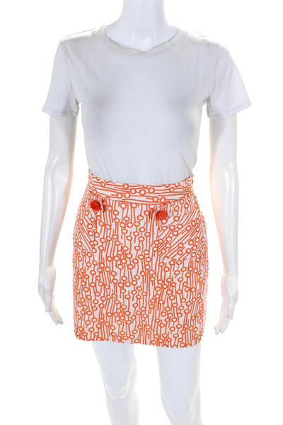 Milly Womens Cotton Abstract Print Button Embellished Skirt White Orange Size 2