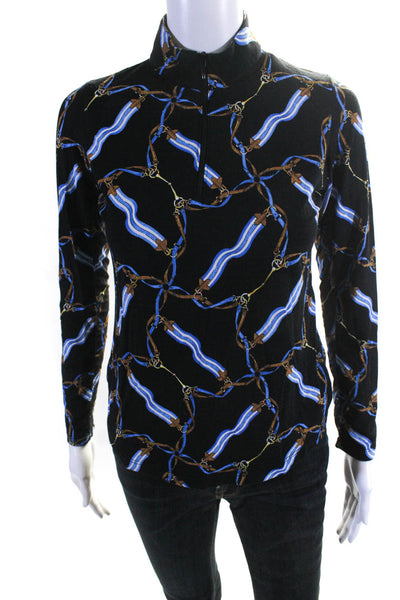 Gottex Womens Graphic Chain Print Long Sleeve Zip Collared Top Blue Size XS
