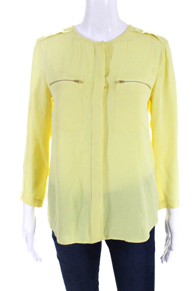 Theory Womens Silk Crepe Button Up Zip Up Pockets Blouse Top Yellow Size S
