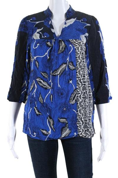 Tibi Womens Silk Floral Print V Neck Blouse Blue Size 2