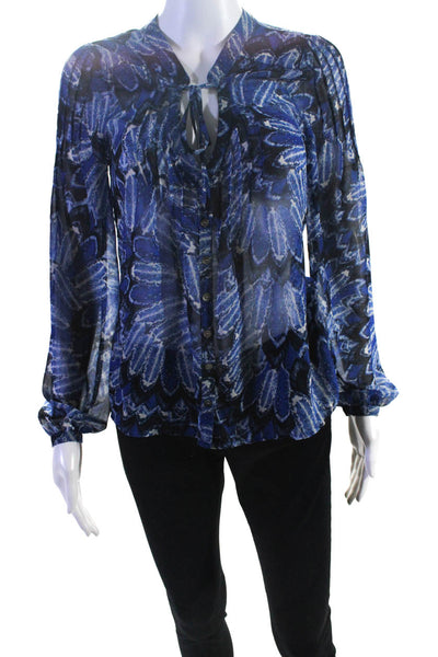 PJK Patterson J Kincaid Women's Long Sleeve Feather Print Blouse Blue Size S