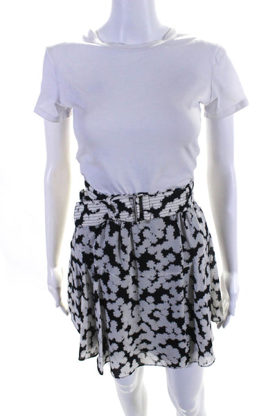 ALC Womens Smocked Waistband Floral Silk A Line Skirt Black White Size 0