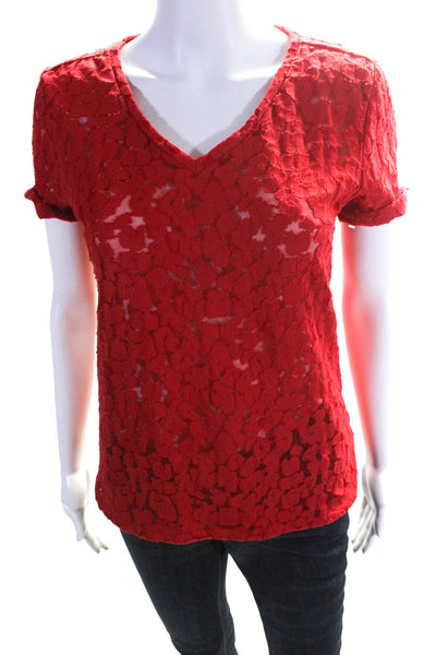 Maje Womens Red Textured Cotton Printed Crew Neck Short Sleeve Blouse Top Size 2