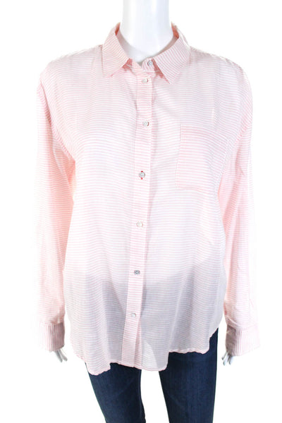 Elizabeth and James Womens Striped Button Down Shirt Pink White Size M