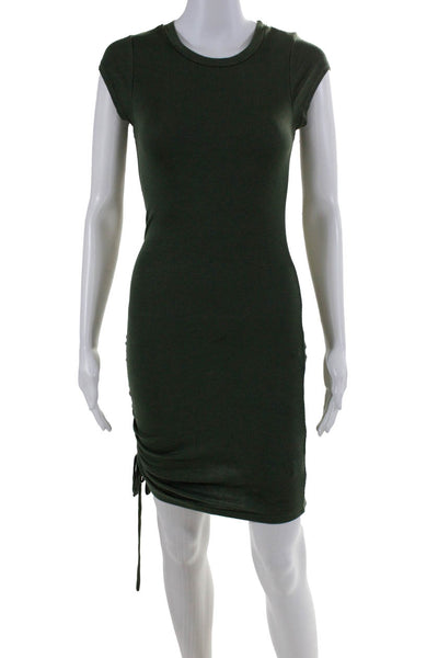 LA Made Womens Ribbed Ruched Tied Bodycon Short Sleeve Mini Dress Green Size XS