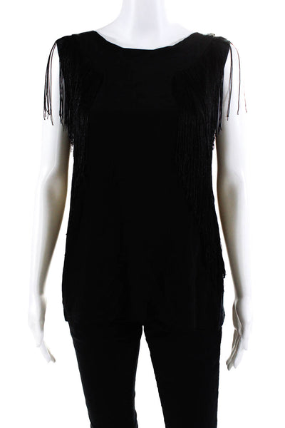 Rebecca Taylor Womens Sleeveless Scoop Neck Fringe Top Black Blue Size Small