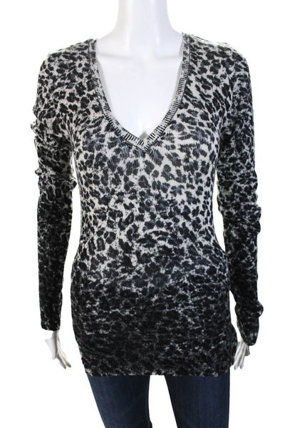 Parker Blue Womens Cashmere Cheetah Print V-Neck Sweater Gray Black Size S