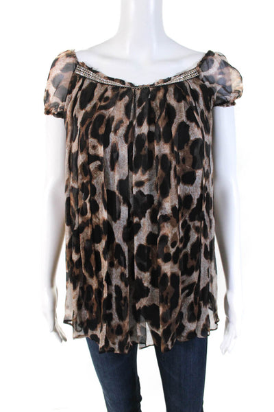 Vanita Rosa Womens Short Sleeve Chiffon Cheetah Print Blouse Black Beige Size M