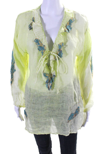 Vanita Rosa Womens Linen String Tie Split Hem Blouse Neon Green Blue Size S