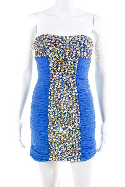 La Femme Womens Ruched Jeweled Strapless Body Con Dress Blue Size 0