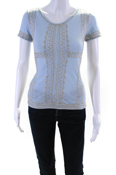 Calypso Womens Linen Embroidered Short Sleeve T Shirt Blue Size XS