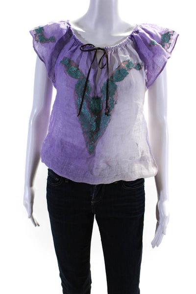Vanita Rosa Women's Linen Boat Neck Lace Embroidered Top Purple Size S/M