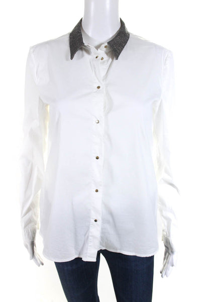 Armani Jeans Women's Glitter Collared Snap Button Down Shirt White Size 40