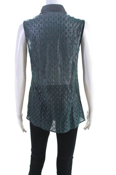 Yigal Azrouel Womens Lace Metallic Collared Buttoned Tank Top Blouse Blue Size 2