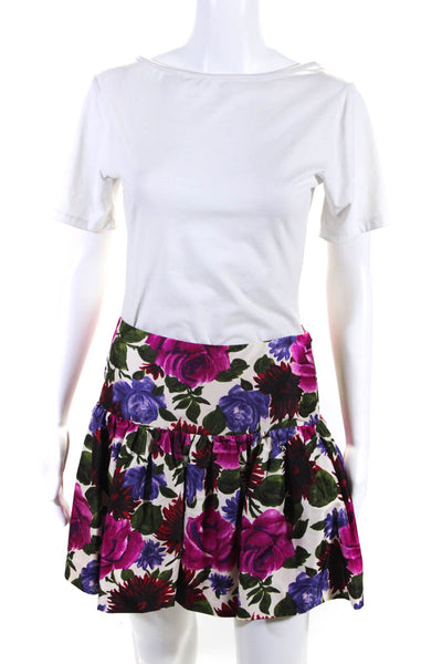 Tibi Womens Side Zip Pleated Floral Silk Flare Mini Skirt Multi Size 0