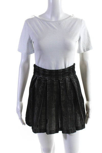 Parker Womens Embroidered Eyelet Pleated Mini Skirt Black White Size 2