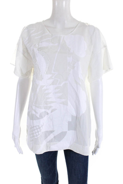 Piazza Sempione Womens White Beaded Printed Short Sleeve Blouse Top Size M