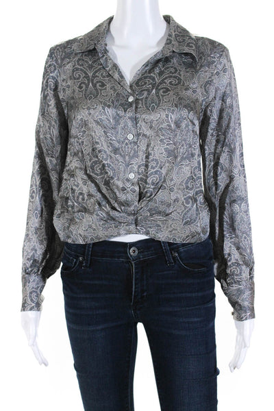 Drew Womens Collared Long Sleeve Paisley Button Down Blouse Top Gray Size XS