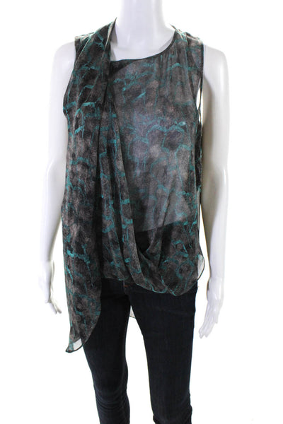 Halston Heritage Women's Sleeveless High Low Blouse Teal Gray Size S