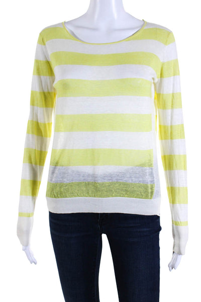 Theory Womens Striped Print Ribbed Hem Long Sleeve Top White Yellow Size P