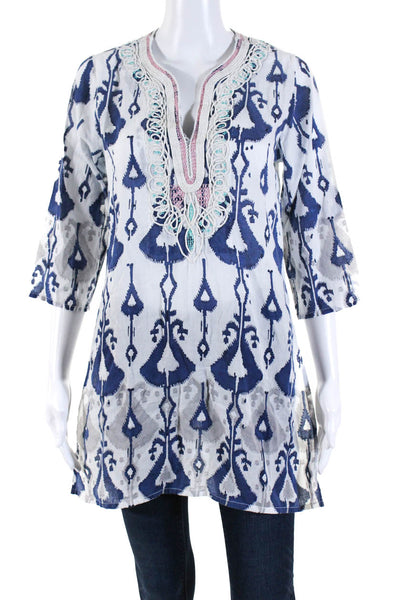 Roberta Roller Rabbit Womens Abstract Embroidered Tunic Top Blue Size XS