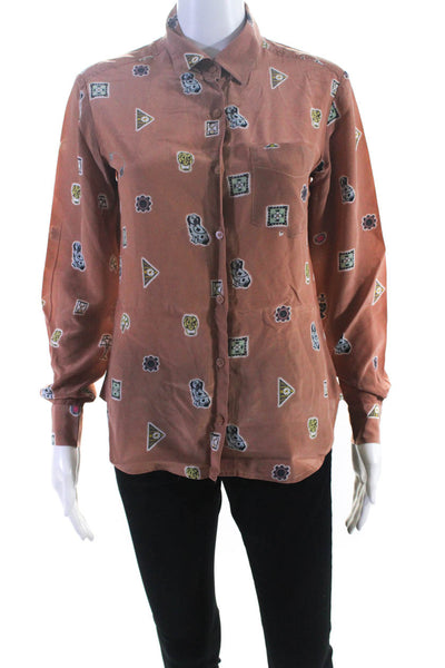 Issa Womens Chiffon Abstract Print Button Down Blouse Beige Multi Size 4