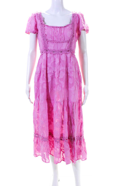 Rahi Womens Floral Jacquard Lace Trim Square Neck Midi Dress Pink Size Large