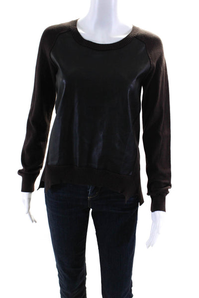 Bailey 44 Womens Vegan Leather Cotton Knit Crew Neck Sweater Black Brown Size S