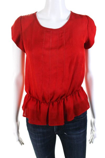 Joie Womens Red Silk Scoop Neck Short Sleeve Peplum Blouse Top Size XS
