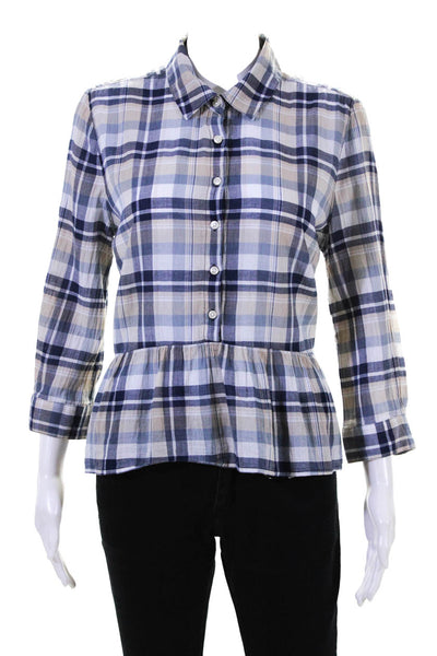 Birds of Paradis Womens Woven Plaid Button Up Shirt Blouse Blue Beige Size Small