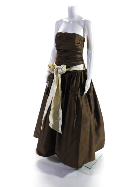 Custom Couture Womens Strapless Ruched Satin Ball Gown Brown Size M