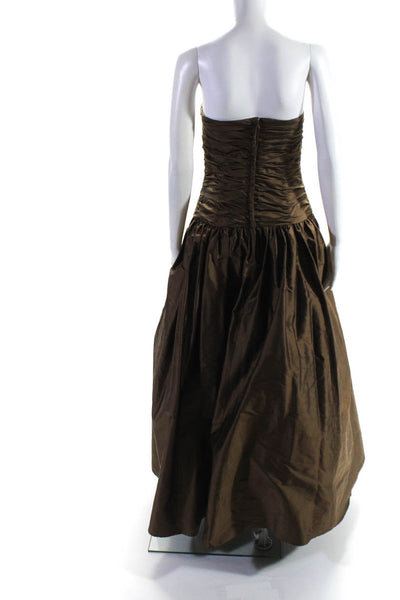 Custom Couture Womens Strapless Ruched Satin Ball Gown Brown Size M