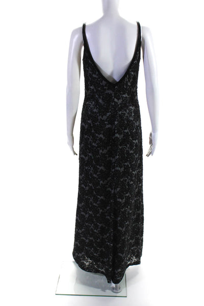 Carmen Marc Valvo Womens Sequined Floral Lace Embroidered Gown Black Gray Size 4